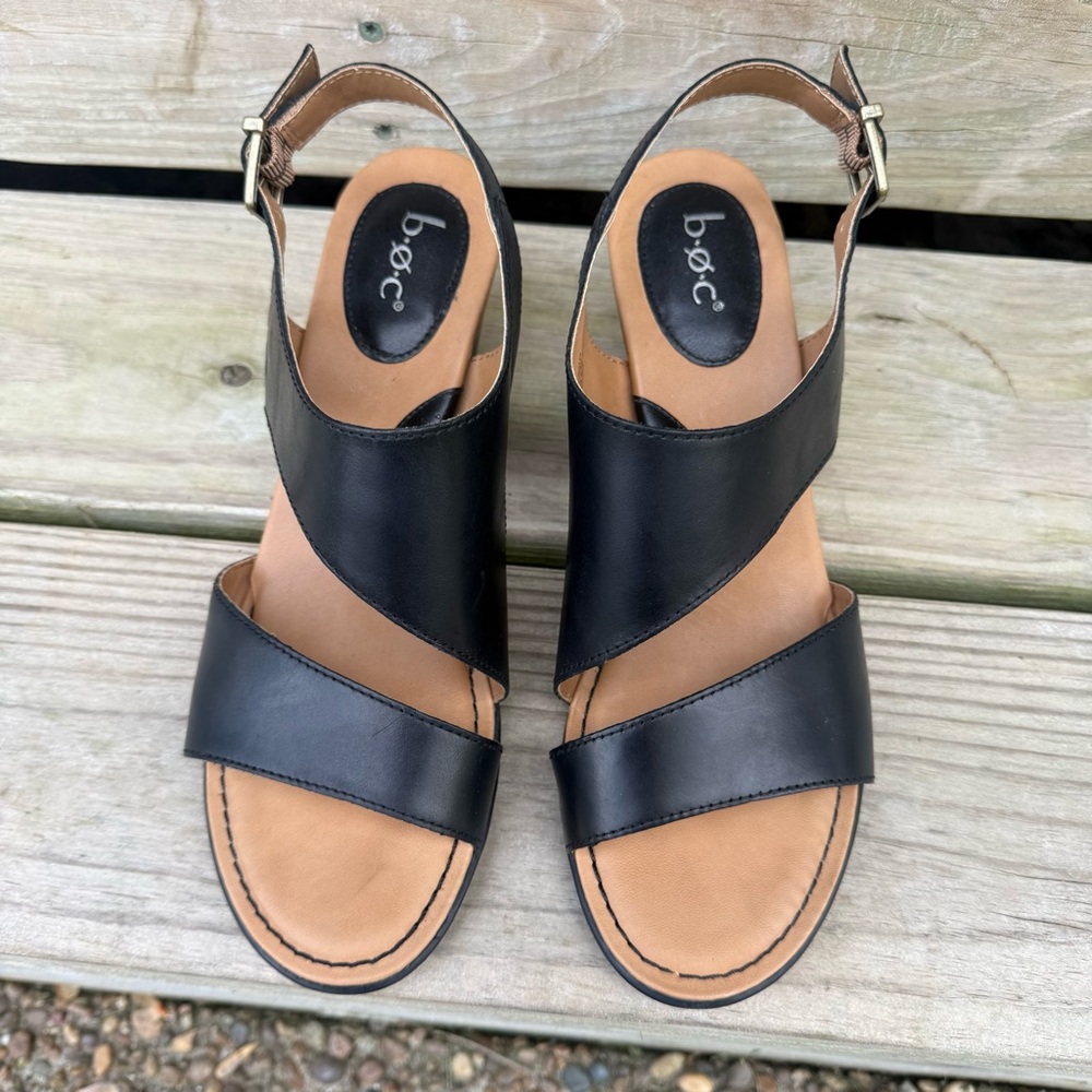 Boc Born Leather Sandals Black Double Strap Block Heel Buckle Open Toe Size 10 - Picture 2 of 15